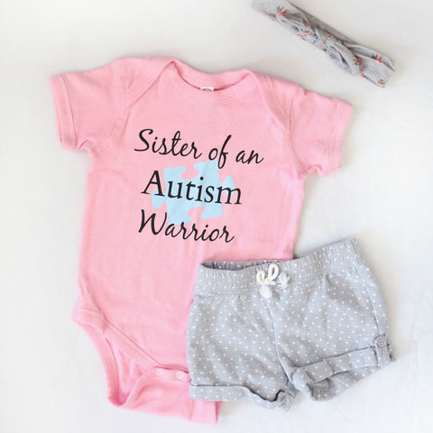 Sister of an Autism Warrior Awareness Puzzle Piece Onesie Bodysuit - Choose Color - Sunshine and Spoons Shop