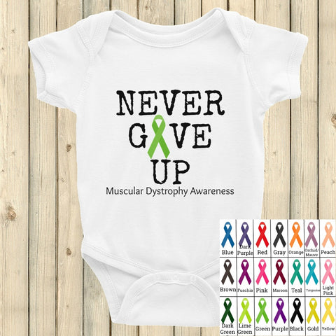 Never Give Up Awareness Ribbon Onesie Bodysuit - Choose Color - Sunshine and Spoons Shop