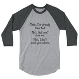 I Don't Want Your Medical Advice Chronic Illness 3/4 Sleeve Unisex Raglan - Choose Color - Sunshine and Spoons Shop