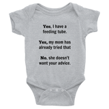 Yes, I Have a Feeding Tube. No, My Mom Doesn't Want Your Advice G Tube Onesie Bodysuit - Choose Color - Sunshine and Spoons Shop
